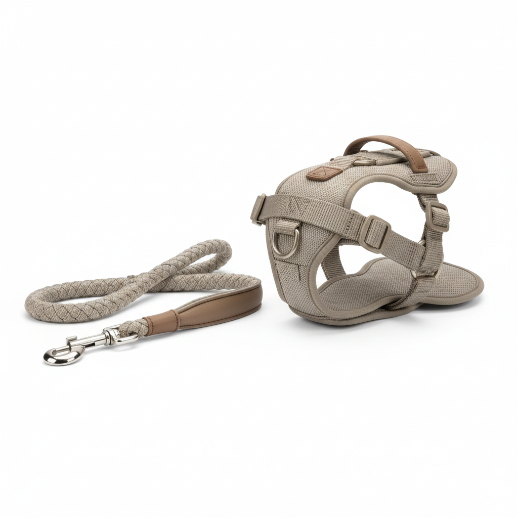 Matching dog leash in earthy tone on white background